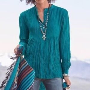 Sundance Mystic Falls Crinkle Pintuck Blouse Teal Large Long Sleeve Henley